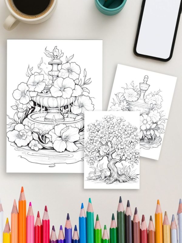 Flores e Fontes – 50 Desenhos de Árvores e Cenas de Jardim - Imagem 5
